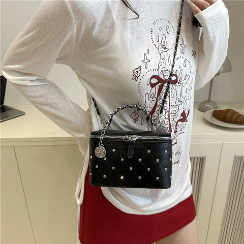 Elegant Quilted PU Leather Crossbody Bag For Women With Metal Chain Handle And Rose Floral Pendant Small Box Shoulder Bag