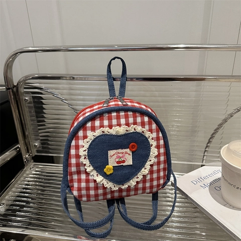 Mini Mochila Gingham para Mujer Dulce Cereza Corazón Denim Patchwork Bolso de Viaje a Cuadros Rojos Pequeño Bolso de Hombro