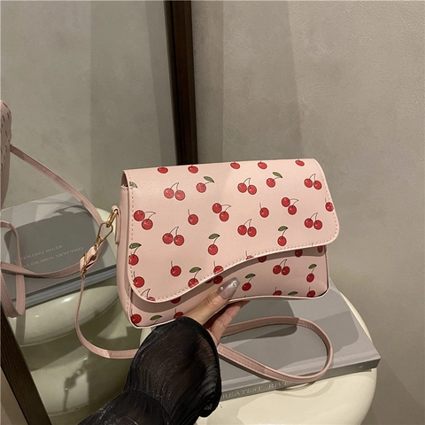 Damen Trendy Kirschdruck PU Leder Umhängetasche Kleine Quadratische Handytasche Mit Klappendeckel Verstellbarer Riemen Schultertasche