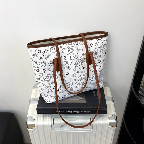 Damen Große Kapazität Graffiti Bedruckt Stoff Tragetasche Casual Cartoon Muster Studenten Schultertasche Einkaufen Handtasche
