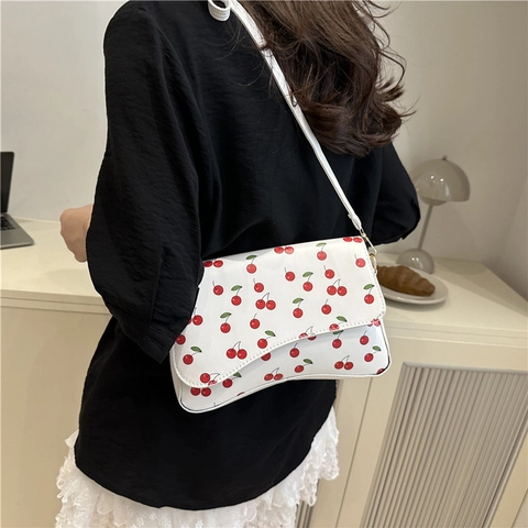 Damen Trendy Kirschdruck PU Leder Umhängetasche Kleine Quadratische Handytasche Mit Klappendeckel Verstellbarer Riemen Schultertasche