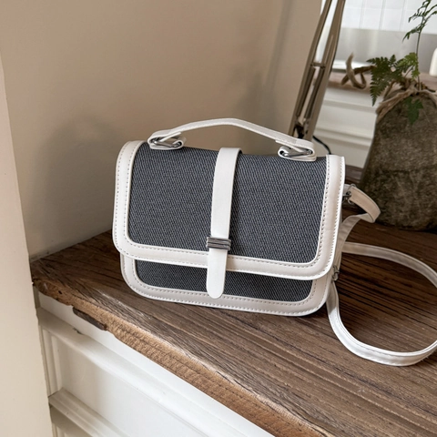 Dames Mode PU Leer Canvas Patchwork Kleine Vierkante Tas Vintage Handtas Schoudertas Crossbodytas Met Verstelbare Riem
