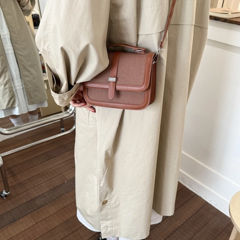 Dames Mode PU Leer Canvas Patchwork Kleine Vierkante Tas Vintage Handtas Schoudertas Crossbodytas Met Verstelbare Riem