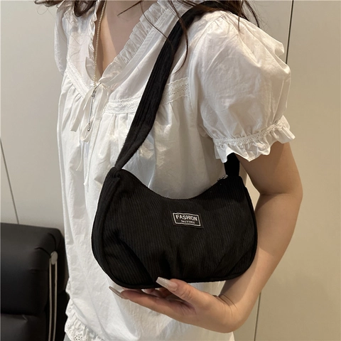Korean Fashion Minimalist Corduroy Underarm Bag For Women Retro Solid Color Half Moon Hobo Shoulder Bag With Cloth Label
