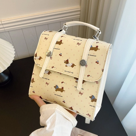 Zaino da Donna in Pelle PU con Stampa Bassotto Cartoon Borsa Quadrata alla Moda per Viaggi Quotidiani