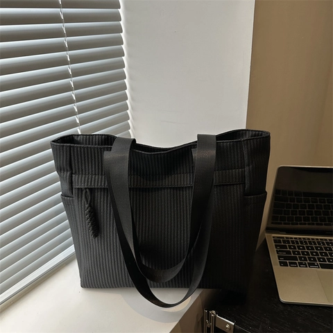 Women Large Capacity Corduroy Tote Bag Casual Vertical Striped Shoulder Bag Minimalist Commuter Handbag Solid Color Purse
