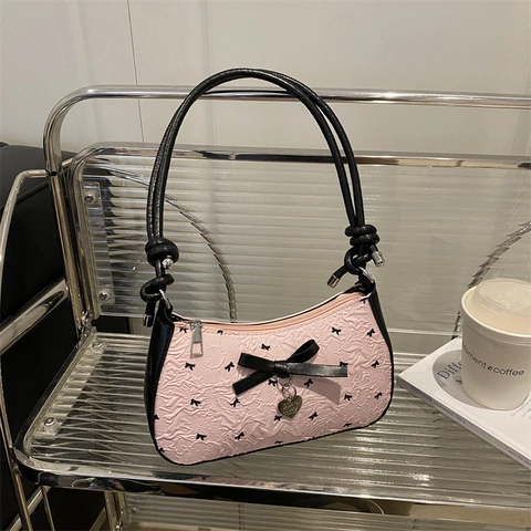 Sweet Seersucker Bow Underarm Bag For Women Heart Pendant Contrast Color Shoulder Crossbody Bag Fashion Commuting Bag