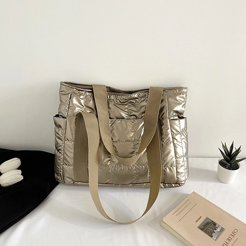 Metallische Gesteppte Puffer Tote Bag Für Damen 2025 Mode Große Kapazität Baumwolle Wattierte Schultertasche Street Casual Handtasche