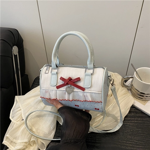 Süße Schleife Boston Tasche Damen PU Leder Punktmuster Spitze Handtasche Mode Umhängetasche Für Den Alltag Party Mode Geschenk