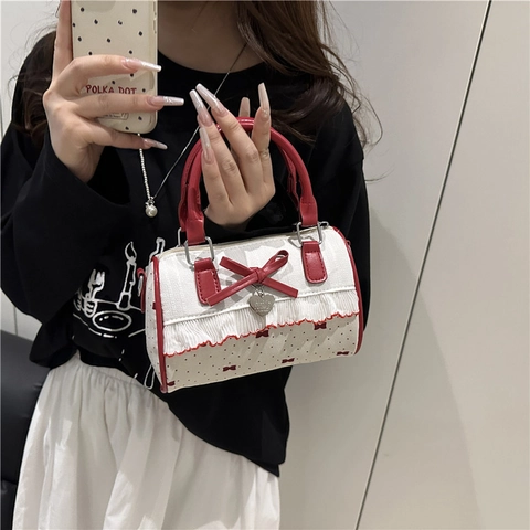 Minibolso de Bandolera Boston para Mujer Color en Contraste Lazo Colgante Corazón Lunares Cuero PU Bolso de Mano Estilo Dulce