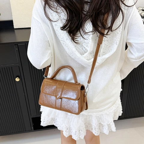 Women Vintage PU Leather Crossbody Bag High End Wrinkled Small Square Bag Fashion Handbag With Adjustable Strap Daily Tote