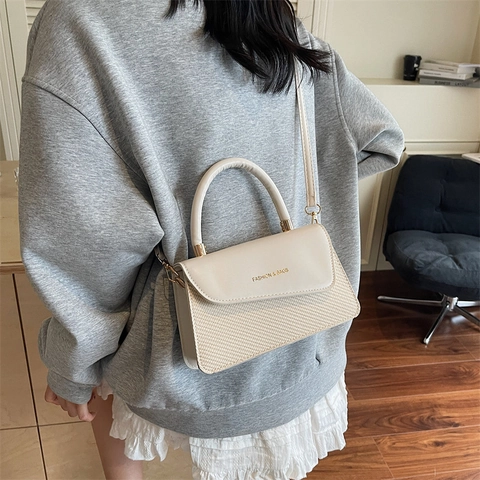 Bolso Bandolera de Mujer Elegante Cuero PU Textura Tejida Bolso de Mano Moda Minimalista Solapa Bolso de Hombro Diario