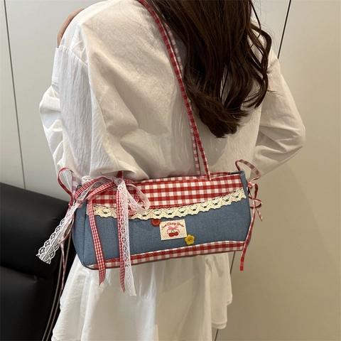 Borsa a Tracolla Patchwork Denim Gingham Dolce per Donna Bordo in Pizzo Ricamo Ciliegia Fiocco Borsa Sottobraccio Y2K