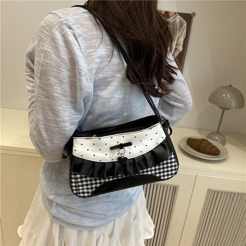 Sweet Retro Bow Underarm Bag For Women Gingham Plaid Ruffle PU Leather Shoulder Bag Heart Pendant Handbag Y2K Style