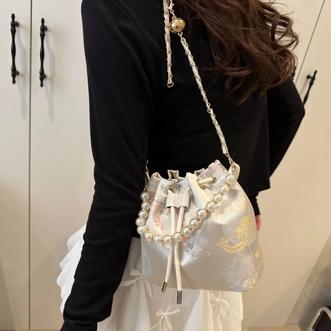Women Chinese Style Embroidered Bucket Bag With Pearl Handle Satin Drawstring Crossbody Bag Metal Chain Strap