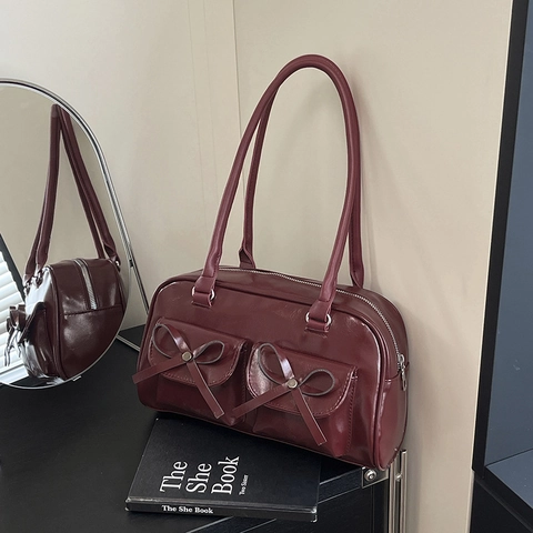 Women Retro PU Leather Shoulder Bag Double Bow Pocket Design Trendy Underarm Bag Solid Color Square Handbag For Daily Use