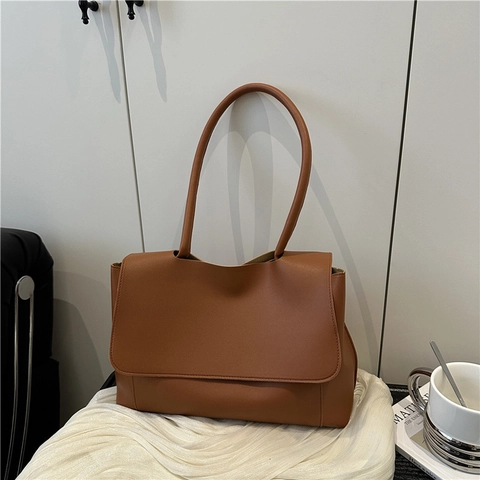 Bolso Tote de Cuero PU de Gran Capacidad para Mujer Moda Retro Color Sólido Bolso de Hombro Con Asa para Oficina Diaria