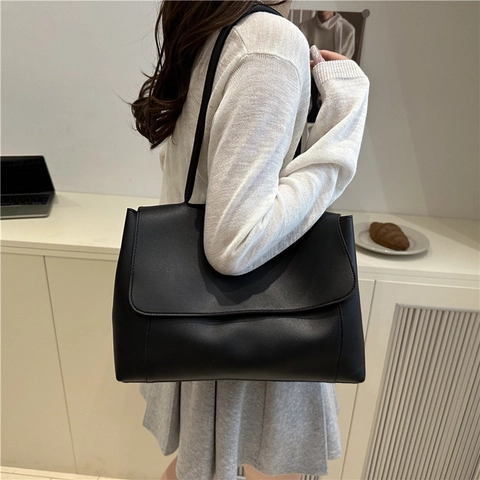 Bolso Tote de Cuero PU de Gran Capacidad para Mujer Moda Retro Color Sólido Bolso de Hombro Con Asa para Oficina Diaria