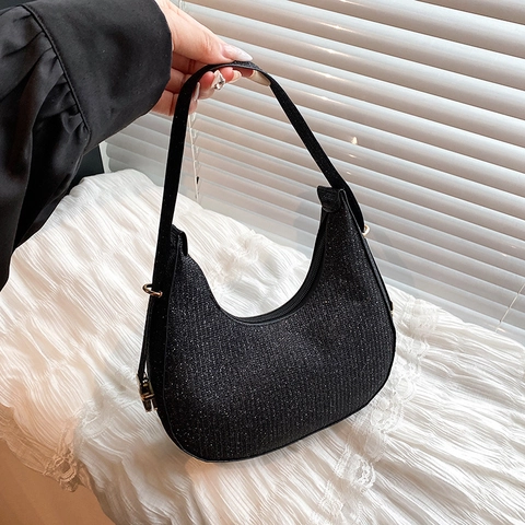 Women Minimalist Sequin Hobo Underarm Bag Glitter PU Leather Shoulder Bag For Party Wedding Evening Chic Crescent Bag