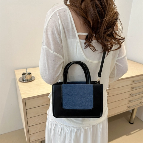 Sac Bandoulière Épissage Color-block pour Femmes Grande Capacité Minimaliste Navette Sac à Main Cuir Synthétique Toile