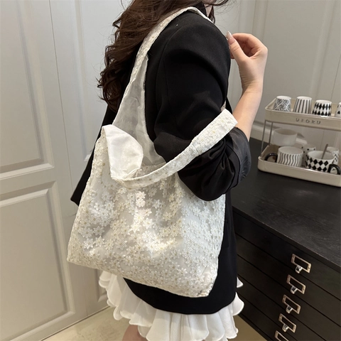 Damen Koreanisch Spitze Blume Tote Tasche Große Kapazität Canvas Schultertasche Bestickt Floral Casual Handtasche