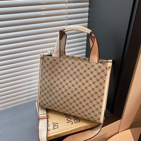 Borsa Tote Monogramma Vintage da Donna Grande Capacità in Pelle PU Elegante Borsa a Tracolla con Cerniera per Ufficio Quotidiano