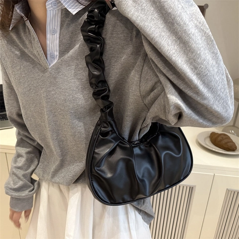 Women Ruched PU Leather Shoulder Bag Trendy Dumpling Hobo Bag French Style Cloud Underarm Bag Solid Color Handbag For Women