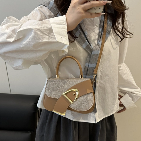Borsa a Sella da Donna Retro in Pelle PU con Paillettes Borsa a Tracolla alla Moda con Fibbia a D Dorata Piccola Borsa Quadrata