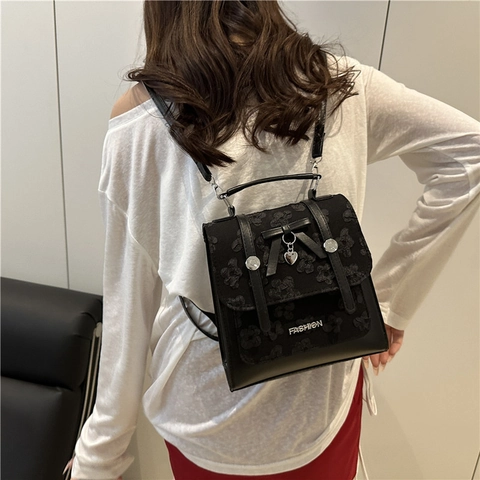 Women Mini Fashion Backpack PU Leather Lace Floral Bowtie Heart Pendant Small Square Crossbody Shoulder Bag Daily Bag