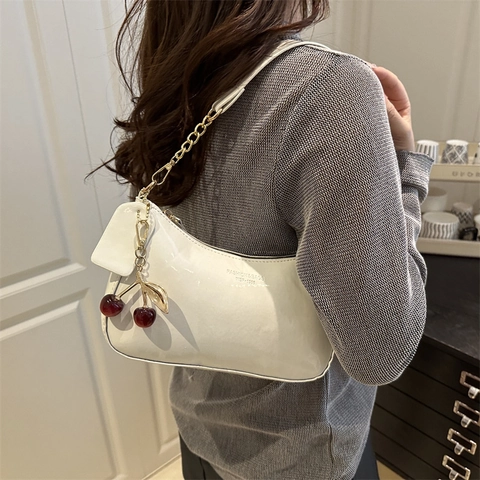 Women Glossy PU Patent Leather Underarm Bag Cherry Pendant Gold Metal Chain Shoulder Crossbody Hobo Bag Fashion Handbag