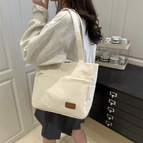 Women Large Capacity Canvas Tote Bag Vintage Minimalist Solid Color Shoulder Bag For Casual Commuting Daily Shopping Handbag