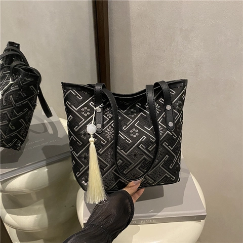 Borsa Tote in Jacquard Geometrico di Grande Capacità per Donna Estate Nuova Borsa a Tracolla Casual con Pendente a Nappina e Manico in PU