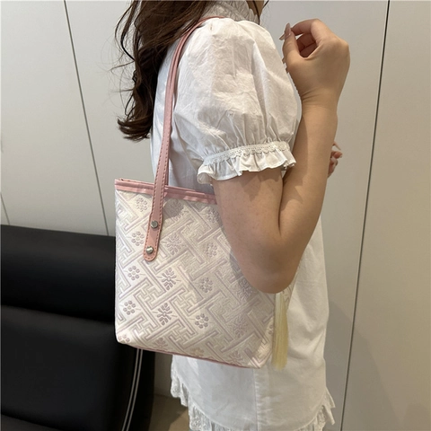 Borsa Tote in Jacquard Geometrico di Grande Capacità per Donna Estate Nuova Borsa a Tracolla Casual con Pendente a Nappina e Manico in PU
