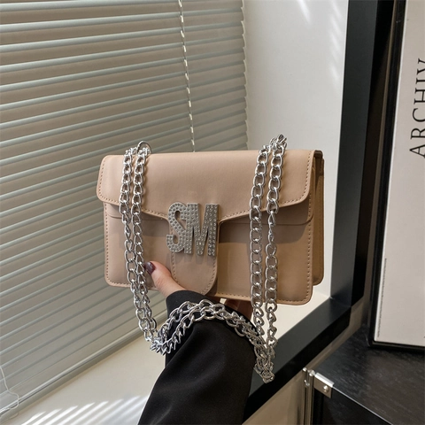 Borsa A Tracolla Elegante In Pelle PU Per Donna Piccola Borsa Quadrata Minimalista Con Fibbia In Metallo E Strass Catena Argento