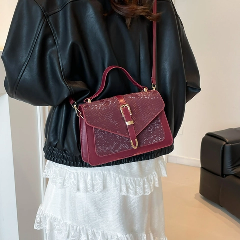 Women Snake Pattern Embossed PU Leather Crossbody Bag Fashion Square Top Handle Shoulder Bag Gold Metal Buckle Daily Handbag