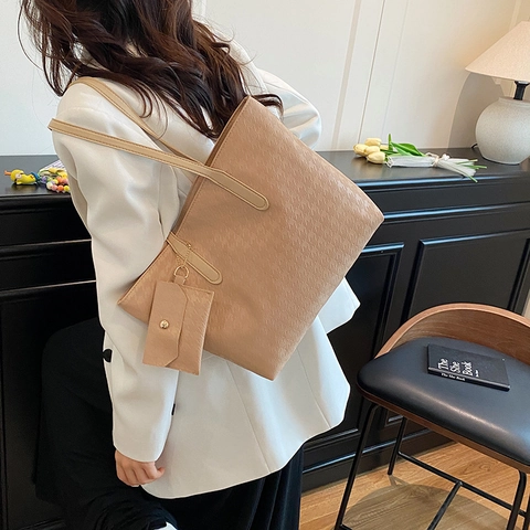 Tragetasche Set Mit Großer Kapazität Und Hahnentritt-Prägung PU-Leder Schultertasche Für Damen Urban Pendler Handtasche Mit Kosmetiktasche
