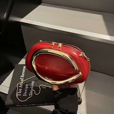 Sac de Soirée Ovale en Cuir PU Vintage pour Femmes Avec Grande Poignée en Anneau Métallique Doré Sac Bandoulière Chaîne Banquet