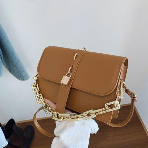 Borsa a Tracolla Piccola Quadrata in Pelle PU Vintage Da Donna Con Manico a Catena Dorata E Chiusura In Metallo Retro