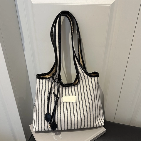 Borsa Tote da Donna in Tela a Righe Grande Capacità Borsa a Spalla Minimalista Casual Con Rifiniture in Pelle Sintetica