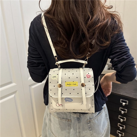 Dames Rugzak PU Leer Met Stippen En Cartoonpatches Casual Schooltas Modieus Mini Dagrugzak Met Handvat