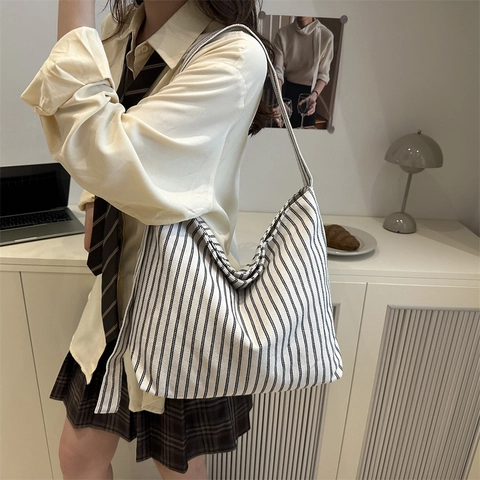 Korean Style Striped Canvas Shoulder Bag Large Capacity Women Tote Bag Campus Underarm Bag For Student Commuting Shopping