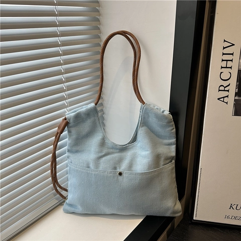 Sac Cabas en Denim Minimaliste pour Femmes Grande Capacité Sac à Épaule Avec Anse en Corde Sac à Main Décontracté Quotidien