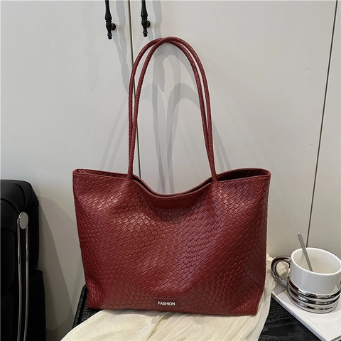 Bolso Tote de Moda para Mujer Textura Tejida Gran Capacidad Cuero PU Bolso de Hombro Color Sólido Bolso de Compras