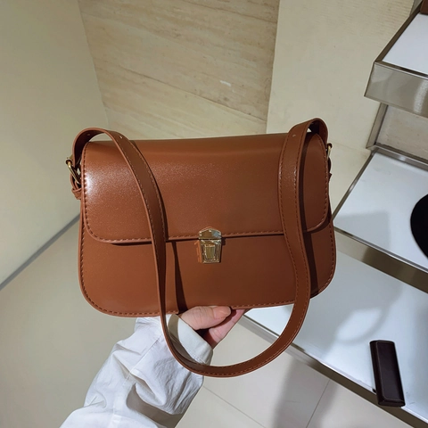 Women Minimalist PU Leather Shoulder Bag Solid Color Square Crossbody Bag With Metal Lock Closure Elegant Daily Office Handbag