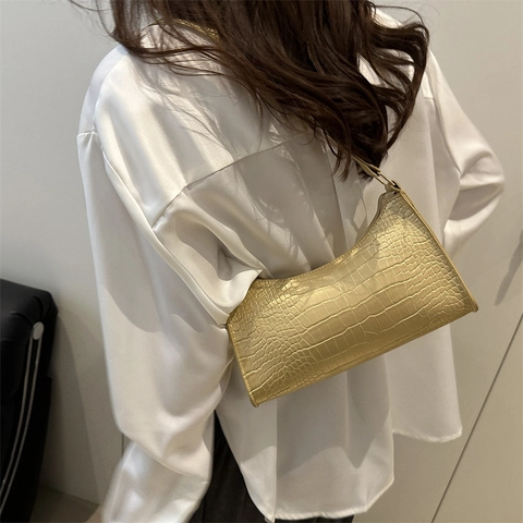 Sac Sous le Bras Baguette en Cuir PU Tendance pour Femmes Motif Crocodile Minimaliste Sac à Épaule Brillant pour Trajets