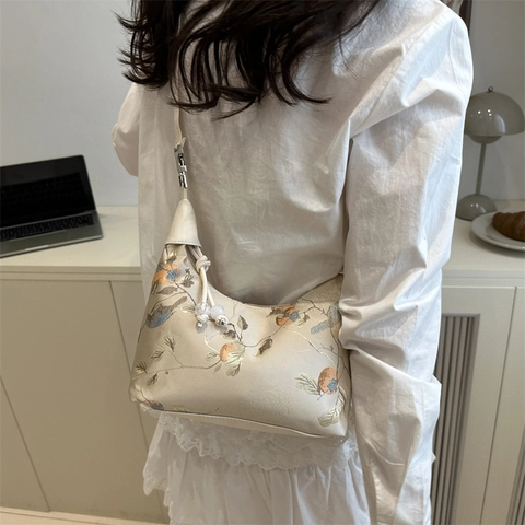 Nuova Borsa a Mano Ricamata in Stile Cinese per Donna Vintage in Raso con Motivo a Fiori e Uccelli Borsa a Tracolla Elegante