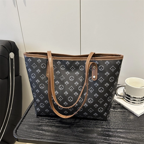 Borsa Tote da Donna Grande Capacità Monogramma Vintage Borsa a Tracolla Pendolare Borsa a Mano Moda in Pelle Sintetica