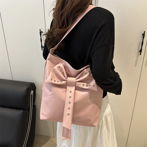 Borsa Tote da Donna in Pelle PU con Fiocco Grande Capacità Moda Borchie Strass Borsa a Tracolla Stile Coreano Borsa Pendolare