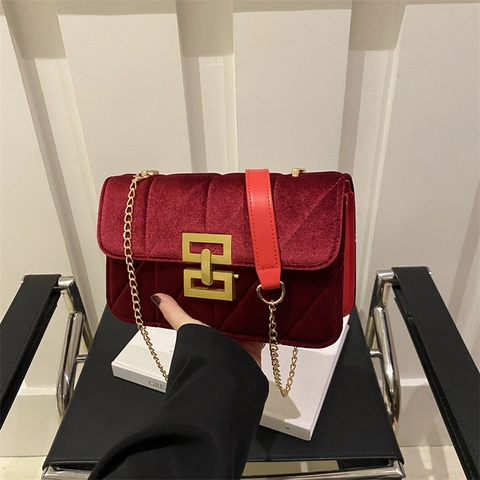 Sac Bandoulière Matelassé en Velours Élégant pour Femmes Sac à Épaule Chaîne Rétro Avec Serrure Métallique Petit Sac à Main de Soirée