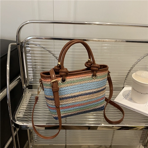 Zomer Stro Geweven Emmer Tas Voor Vrouwen Gekleurd Gestreepte Crossbody Tas Met Geknoopte Handgreep Casual Vakantie Schoudertas
